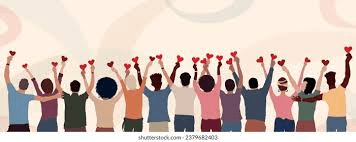 An illustration of people standing together with raised arms, holding red hearts, a symbol of community and collective giving.